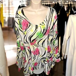 🟣3/$25🟣L🩷Milano Zebra Print Blouse with Pink and Green Floral Accents